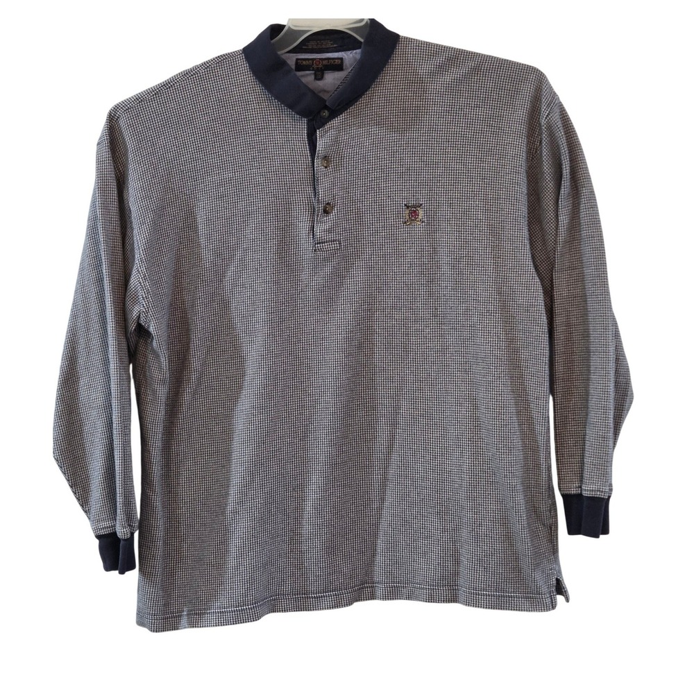 Y2K Tommy Hilfiger Golf Mens  Long Sleeve Polo Shirt Navy Houndstooth Cotton XXL